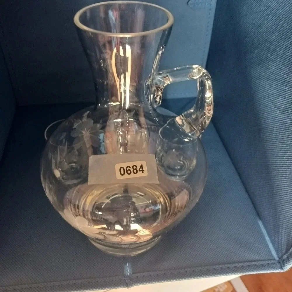 Crystal wine carafe and glasses set of 4 etched floral pattern